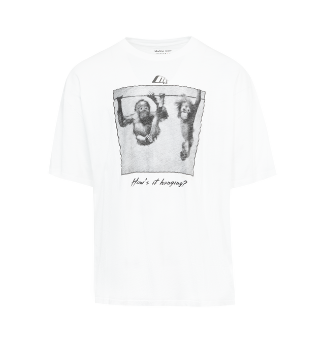 WHITE - MARTINE ROSE soft cotton slub jersey tee designed for a loose fit with sort sleeves, ribbed crew neck and "How's It Hanging?" graphic screen-printed at the chest. 100% cotton. Unisex brand in men's sizing.