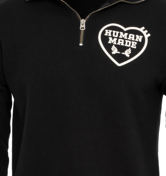 Image 3 of 4 - BLACK - HUMAN MADE Military Half-Zip Sweatshirt featuring half-zip sweatshirt with a rounded body, military-style design, heart motif on the left chest and ribbed cuffs and hem. 100% cotton. Made in Japan. 