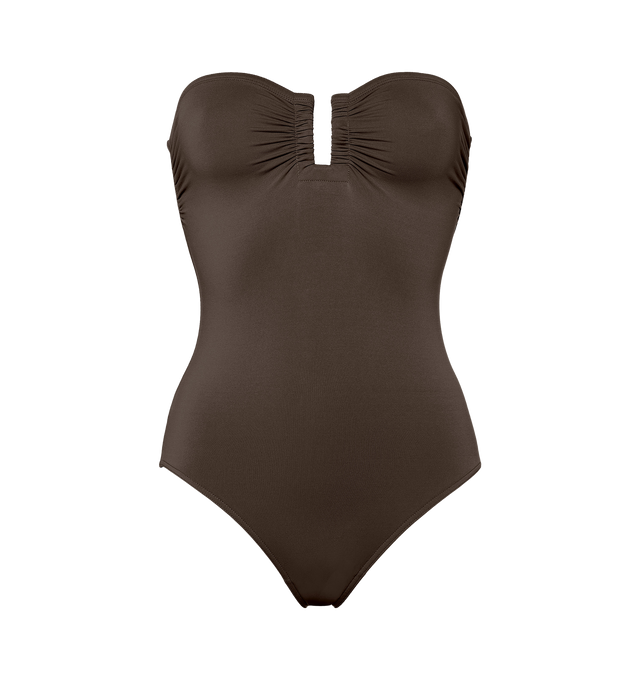 Image 1 of 6 - GREY - ERES Cassiope One-Piece Bustier Swimsuit featuring bust shirring at front and sides, U-shaped metal link between cups and gripper tape. Main: 84% Polyamid, 16% Spandex. Second: 68% Polyamid, 32% Spandex. Made in Italy. 