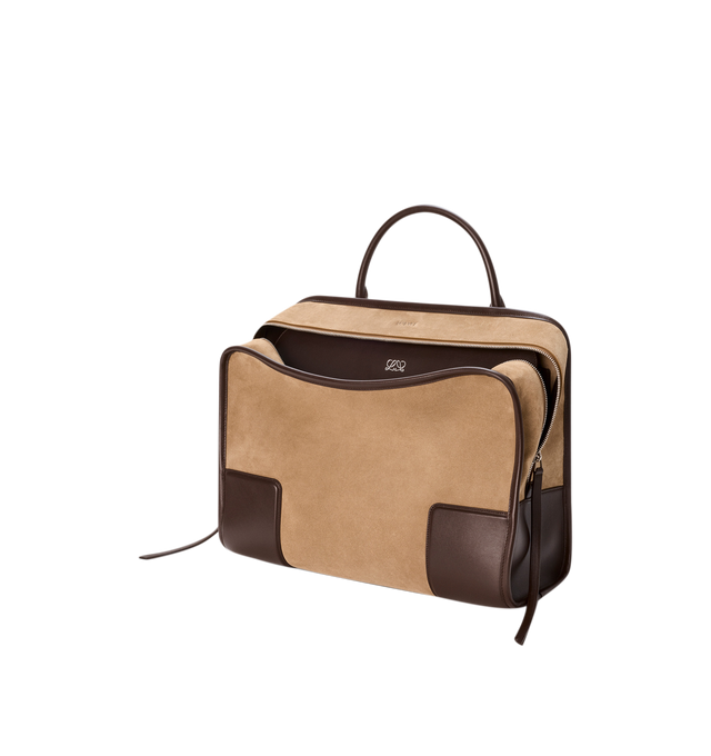 Image 5 of 16 - BROWN - Loewe Mens Amazona 180 XL Bag is crafted from suede with soft calfskin details. Features a relaxed silhouette, single toron top handle, removable shoulder handle, adjustable crossbody strap, zip closure with two leather pullers, two compartments with concealed magnetic closure, interior flat pocket, side D-ring, suede and nappa lambskin lining, palladium-tone hardware, and embossed LOEWE and Double L branding. Dimensions: 40  31  16 cm; Strap Length: 105133 cm; Strap Drop: 4761 cm; H 