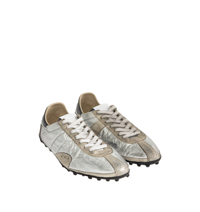 Image 2 of 5 - SILVER - MAISON MARGIELA Sprinters Low Top Sneaker featuring front lace-up fastening, rubber lug sole, quilted and branded insole. Upper: 100% Polyester. Contrast: 100% Calf Leather. Sole: 100% Rubber.  