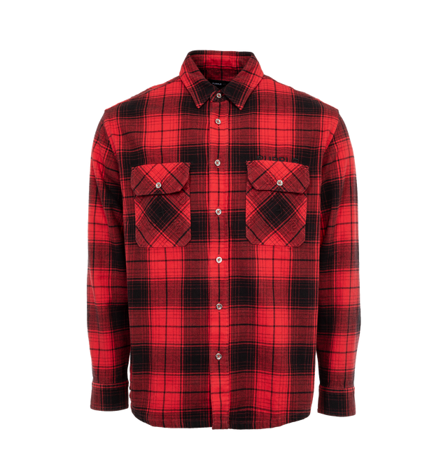 RED - PURPLE PLAID FLANNEL LS SHIRT featuring regular fit, overdyed woven flannel, left chest embroidery, embossed monogram on chest pockets and back yoke and Purple Branded buttons.