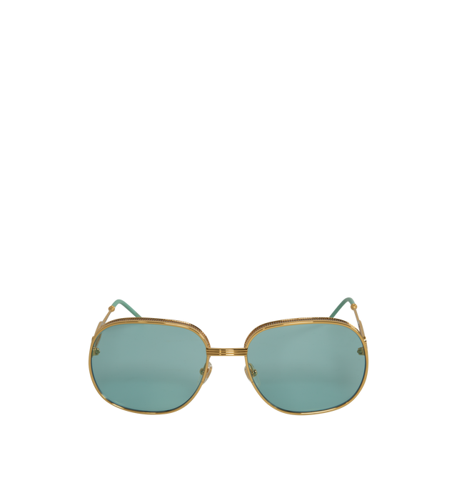 Image 1 of 3 - GOLD - CASABLANCA Square Sunglasses featuring square metal-frame, mesh trim at rims and temples, green lenses, adjustable rubber nose pads, enameled logo hardware at temples and logo-engraved hardware at acetate temple tips. Metal, acetate. Made in Japan. 
