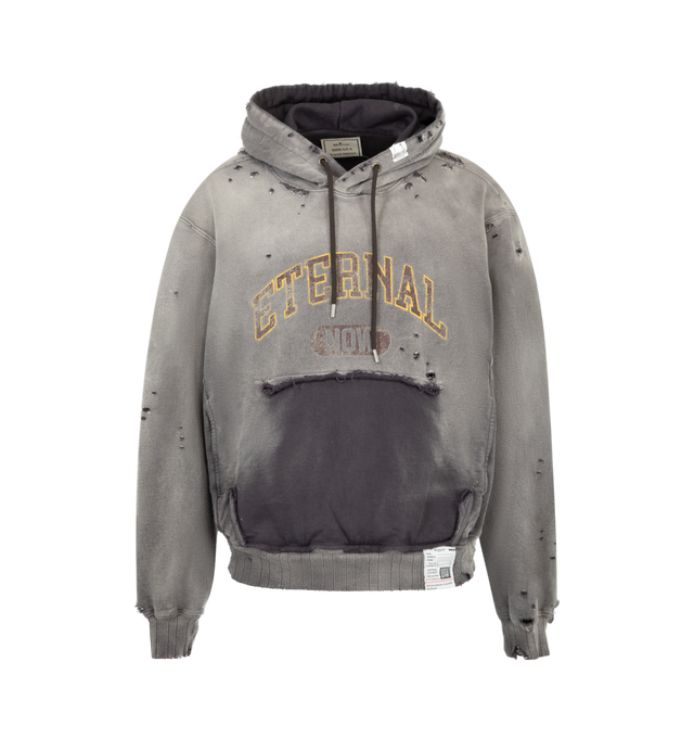 Image 1 of 3 - GREY - Maison Mihara Yasuhiro Men's Sun Faded Like Hoodie is crafted from cotton and features a sun-faded appearance with bleached and distressed detailing, a college-inspired graphic print, and a front kangaroo pocket. Main Material: 100% Cotton. Made in Japan. 