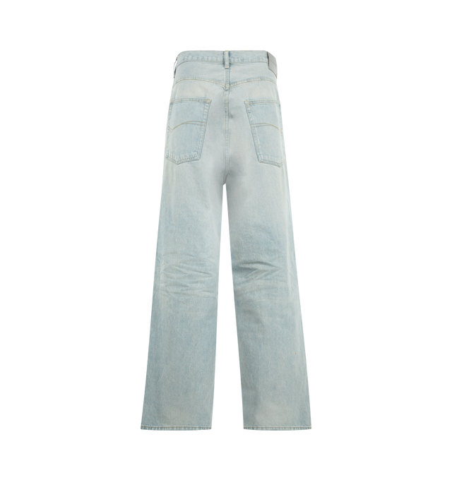 Image 2 of 3 - BLUE - BALENCIAGA Casual Jeans featuring Japanese cotton denim, mid-rise waist, covered button fly, 5 belt loops, 5 pockets, Balenciaga engraved flex buttons and grey Balenciaga logo leather jacron at back. 100% cotton. Made in Japan. 