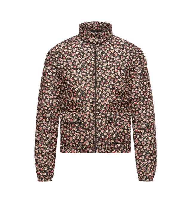 Image 1 of 1 - MULTI - Moncler Women's Florlans Packable Down Jacket is crafted from water-repellent polyester with a floral motif and features a lightweight, packable construction designed for versatile layering. Cut in a slim fit, this designer down jacket features a collar, long sleeves, snap-button pockets, Longue Saison lining, down-filled insulation, and a signature Moncler logo patch. Exterior: 100% Polyester. Lining: 100% Polyamide/Nylon. Padding: 90% Down, 10% Feather. Fit: Slim. Length: 53 cm. Mad 