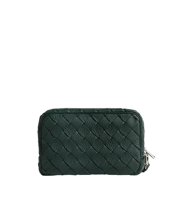 Image 3 of 4 - GREEN - BOTTEGA VENETA Intrecciato Small Pouch With Wristlet featuring small pouch in Intrecciato grained leather, one single compartment, one internal flat leather pocket with three card slots, one exterior zipped pocket, detachable leather wristlet with a hook and zip closure. Calfskin. 5.1" x 8.3" x 2.4". Made in Italy. 