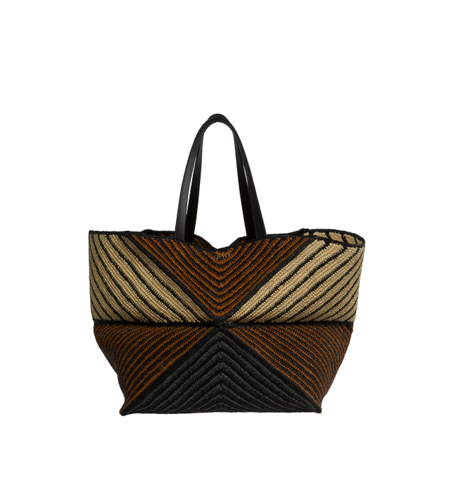 Image 1 of 4 - BROWN - LOEWE PAULA'S IBIZA XXL Puzzle Fold Tote featuring signature geometric lines, folds completely flat, lightweight, mixed stripes, calfskin handles, gold metal LOEWE branding, shoulder or hand carry and unlined. 14.4 x 28.7 x 14.4 inches. Raffia. Made in Spain.  