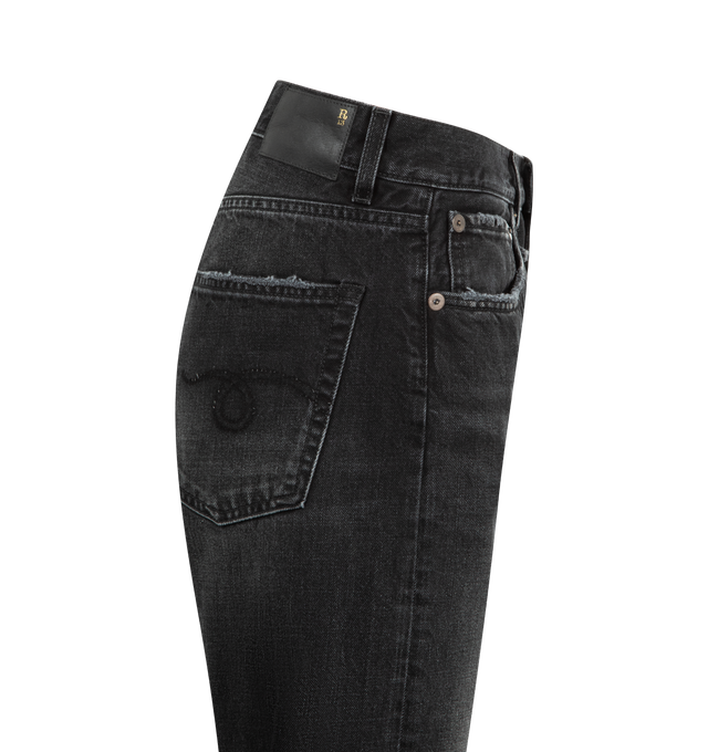 Image 3 of 3 - BLACK - R13 Tailored Drop Jeans featuring relaxed-fit, straight-leg, fading throughout, belt loops, five-pocket styling, button-fly and leather logo patch at back waistband. 100% cotton. 