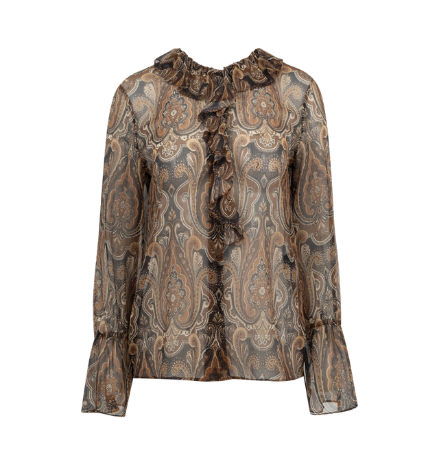 Image 1 of 2 - BROWN - NILI LOTAN Cecily Shirt featuring relaxed button up top in Italian silk chiffon, ruffle detail at collar and center front, shirring details at back yoke, straight hem and ties at cuff. 100% silk. Made in USA. 