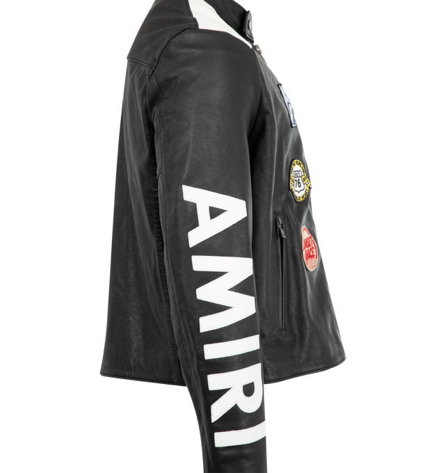Image 3 of 3 - BLACK - AMIRI Leather Patchwork Racer Jacket featuring patchwork and logo detailing, high neckline with throat latch, long sleeves with zip cuffs, side zip pockets, classic fit and two-way zip-front. Leather. Made in Italy. 