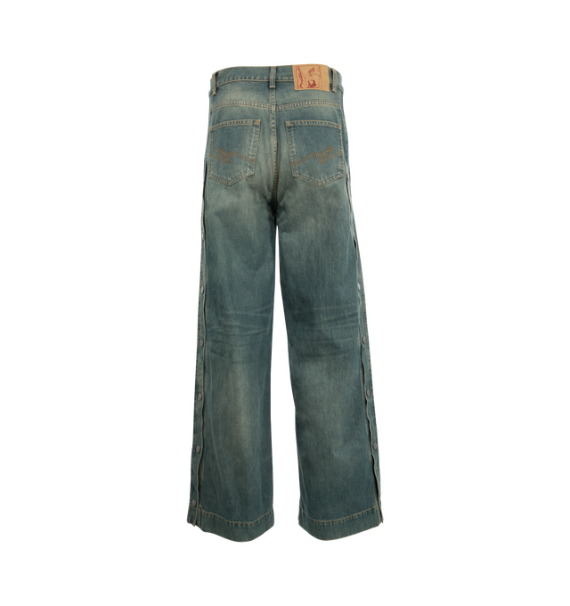 Image 2 of 3 - BLUE - Martine Rose Sports Jeans are a 5-pocket style with a button and zip closure, silver-tone logo patch, and a straight leg fit. 100% cotton. Made in Italy.  