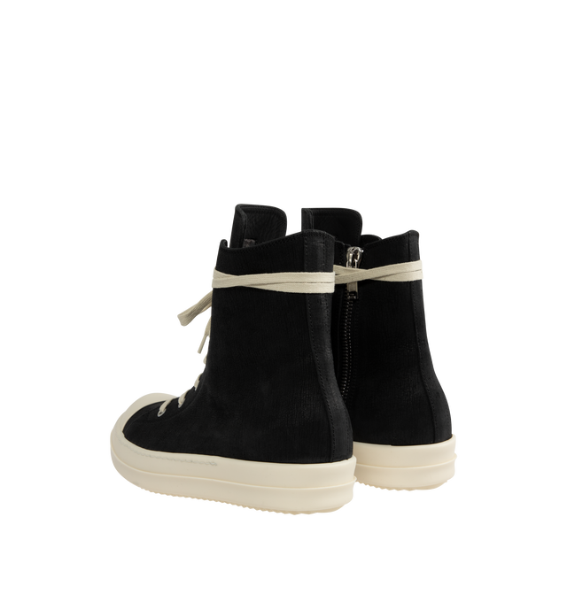 Image 3 of 5 - BLACK - RICK OWENS High-Top Sneakers featuring cap toe, lace-up closure, zip closure at inner side, metal eyelets, buffed calfskin lining and treaded thermoplastic rubber sole. Upper: calfskin. Sole: thermoplastic rubber. Made in Italy. 