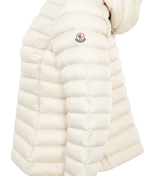 Image 3 of 3 - WHITE - Moncler Ige Short Down Puffer Jacket has an attached hood, a 2-way zip front, an embroidered logo patch, side pockets, and a classic fit. Down fill. Nylon, polyamide exterior.  