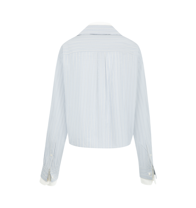 Image 2 of 2 - BLUE - Acne Studios Women's Cropped Layered Shirt features a cropped silhouette with a layered-look construction, combining a striped outer shirt with a contrasting inner collar detail. Designed with a point collar, concealed button-front closure, chest pocket, and elongated sleeves with button cuffs, the style balances classic shirting elements. Closure: Button Front. Collar: Point Collar. Pockets: Chest Pocket. Sleeves: Long Sleeves with Button Cuffs. 