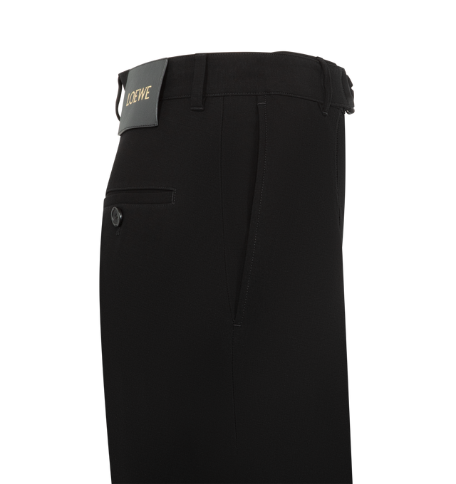 Image 3 of 3 - BLACK - LOEWE Belted Trousers in lightweight fluid wool tailoring featuring an adjustable fabric belt and pleats at the front, regular fit, regular length, mid waist, straight leg, concealed zip fly, slash pockets and buttoned rear welt pocket, LOEWE engraved D-ring and LOEWE embossed leather patch placed at the back. Wool. Made in Italy. 