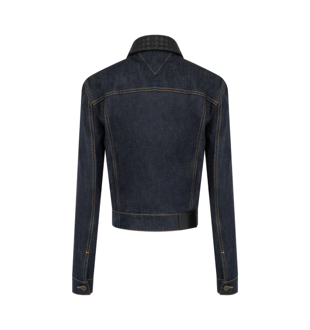 Image 2 of 3 - BLUE - Bottega Veneta Womens Denim Jacket is crafted from lightweight washed denim. Features a regular fit, button-front closure, Intrecciato suede back patch, point collar, and button cuffs. Main Material: Denim; Back Patch: Suede. Made in Italy. 