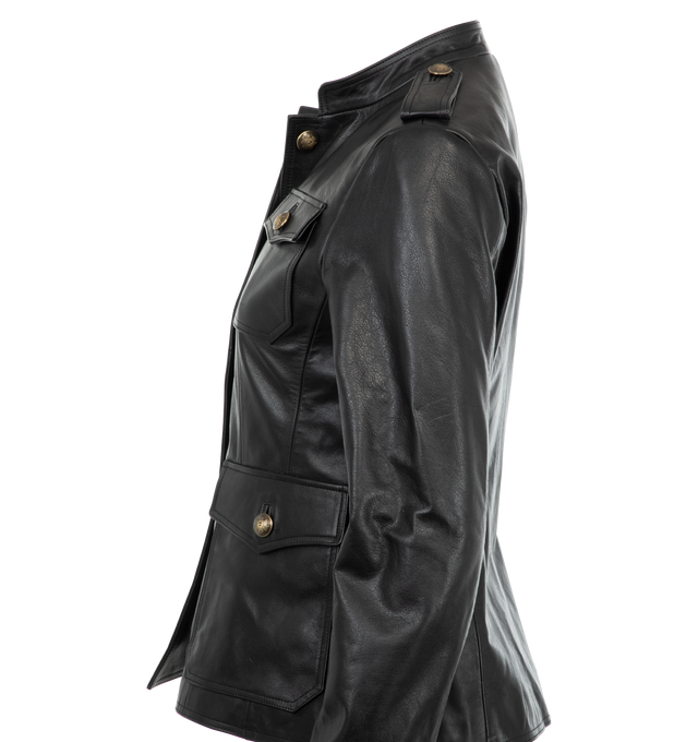 Image 3 of 3 - BLACK - Nili Lotan Geraldine Leather Jacket has a stand collar, a button front closure, signature crest buttons, epaulets, flap chest pockets, flap side pockets, and button cuffs. Fully lined. 100% calfskin leather.  