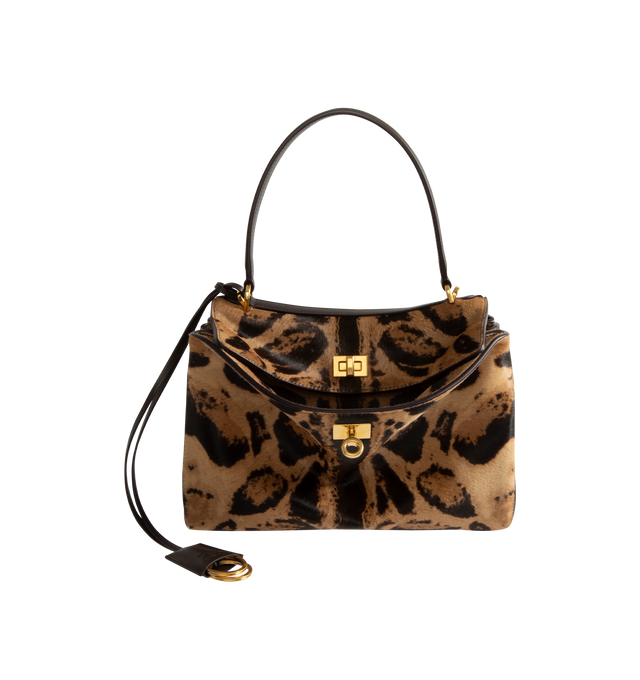 Image 1 of 3 - BROWN - Balenciaga Women's Rodeo Handbag Small is crafted from leopard-print pony hair calfskin and features a structured silhouette with a top handle, removable shoulder strap, aged-gold hardware, and a turn-lock closure. Functional details include a wide front pocket, one main compartment, one inner zip pocket, two flat back pockets, side snaps, four brass feet, and a removable cloche cls with two split rings. Main Material: Leopard-Print Pony Hair Calfskin. Lining: Contrasting Nappa Lambsk 