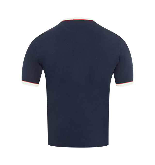 Image 2 of 3 - NAVY - JACQUEMUS Gio T-Shirt featuring slim fit, short sleeves with contrasting ribbed trim, crew neck with contrasting ribbed trim and embroidered logo patch on the left side. 100% cotton. Made in Portugal.  