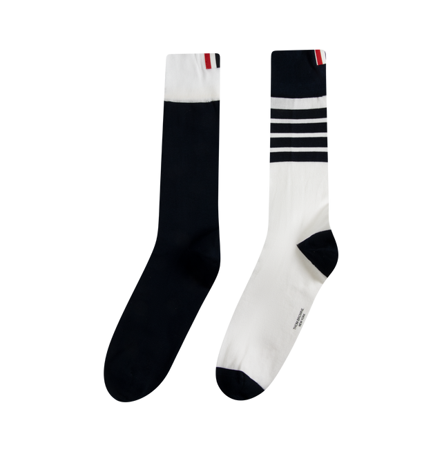 Image 2 of 2 - NAVY - Thom Browne Fun Mix Mid Calf Socks are designed with signature tri-color grosgrain flags, signature intarsia stirpes stripes at the cuffs, and logos on the soles. 75% cotton, 25% polyamide. Made in Great Britain. 