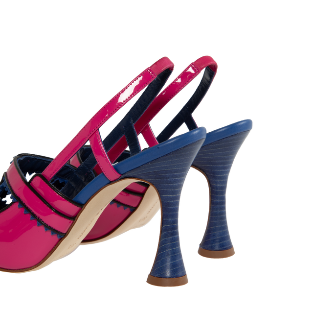 Image 3 of 4 - PINK - MANOLO BLAHNIK Tonah Patent Leather Slingback Pumps featuring cut out details, black edging with blue zig zag details and flared high heel. 105MM. 98% patent calf, 2% lamb nappa. Made in Italy. 