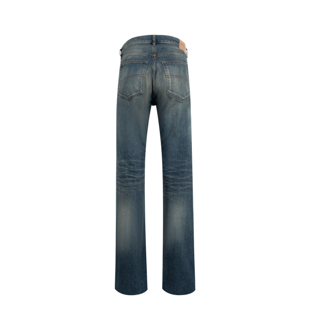 Image 2 of 3 - BLUE - BALENCIAGA Straight Fit Pants featuring cotton twill denim, low waist, covered button fly, 5 belt loops, 5 pockets, Balenciaga engraved flex buttons and Balenciaga Jean jacron at back. 100% cotton. Made in Japan. 