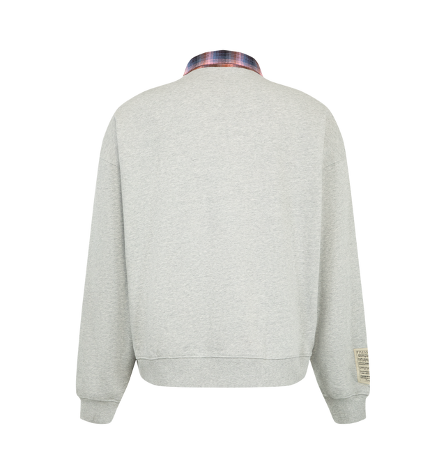 Image 2 of 3 - GREY - Pleasures Men's Town Polo Sweatshirt is crafted from a cotton-blend fabric and features a relaxed silhouette with a contrasting plaid point collar. Designed with a quarter-zip neckline, the sweatshirt is detailed with a zippered chest pocket accented by contrast trim and finished with rib-knit cuffs and hem. Main Material: Cotton/ Polyester Blend. 