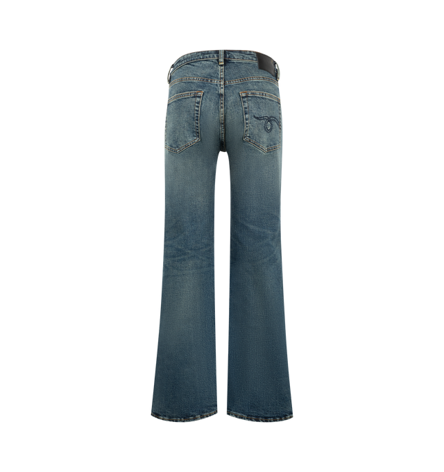 Image 2 of 3 - BLUE - R13 Womens Kick Flare Jeans are crafted from mid-weight Japanese black stretch denim and feature a relaxed fit with flared legs from the knee to the hem. Finished with a vintage dark black wash and subtle grinding throughout. Main Material: 98% Cotton, 2% Polyurethane. Imported. 