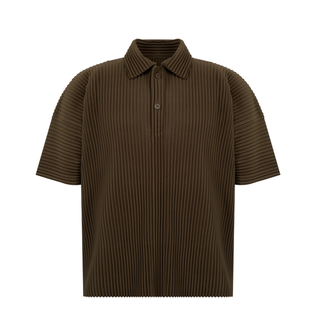 Image 1 of 2 - BROWN - Issey Miyake Men's short-sleeved polo shirt offering portability and the quick-drying properties unique to polyester. Featuring slits on both sides, collared neckline, button-front opening. 100% Polyester. Made In Japan. 
