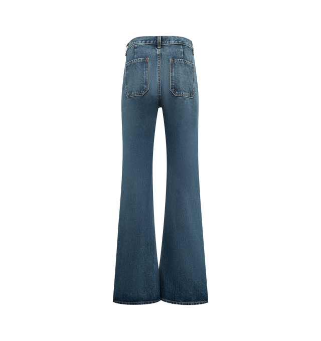 Image 2 of 3 - BLUE - NILI LOTAN Florence Jean featuring high-rise flare leg jean in Japanese stretch denim, fitted through waist and hips, front and back top stitched patch pockets, button fly, shank closure and belt loops. 98% cotton, 2% polyurethane. Made in USA. 