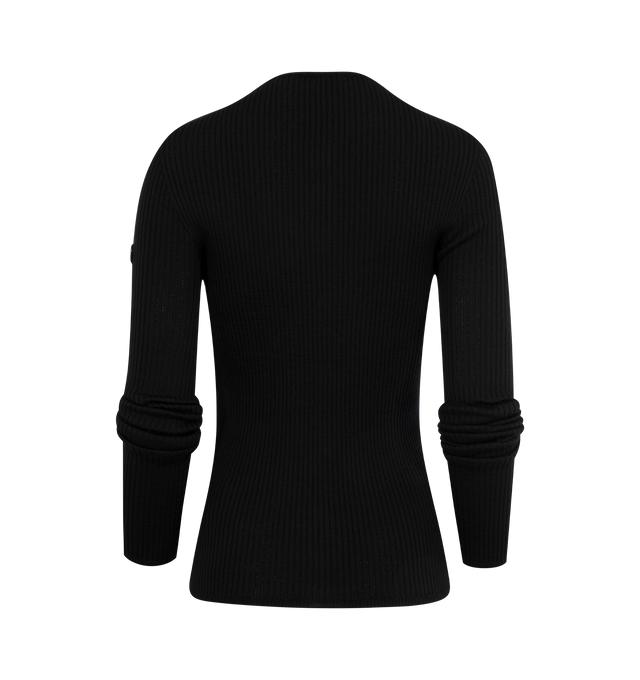 Image 2 of 3 - BLACK - Moncler x EE72 by Edward Enninful Wool Cardigan featuring merino wool, rib knit, gauge 18, crew neck, snap button closure and logo patch. 100% virgin wool. Made in Italy. 