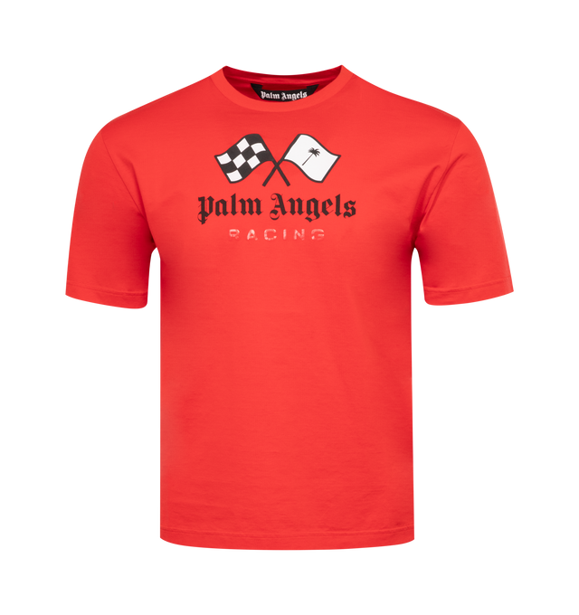 Image 1 of 2 - RED - Palm Angels Racing crew neck cotton T-shirt with short sleeves and straight hem decorated with slogan lettering and a waving flag graphic at the chest. Made in Italy. 100% cotton. 