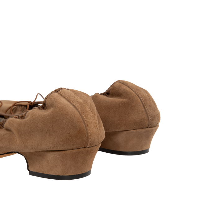 Image 3 of 4 - BROWN - THE ROW Awar Heeled Ballerina featuring heeled ballet flat in shearling-lined suede with oval toe, grosgrain piping, and adjustable elastic tie. 1 in. heel. 100% goatskin leather. Leather sole. Made in Italy. 