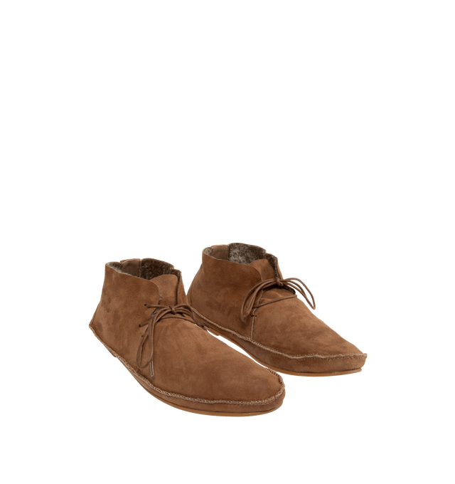 Image 2 of 4 - BROWN - THE ROW Tyler Lace Up Shoe featuring deconstructed lace-up shoe in shearling-lined suede with waxed cotton laces and rubberized sole. 100% leather. Made in Italy. 