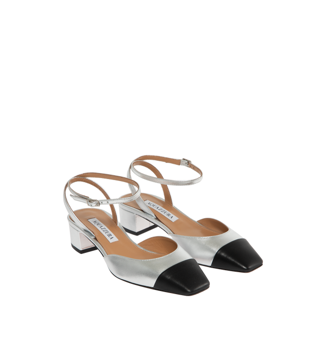 Image 2 of 4 - SILVER - Aquazurra French Flirt Leather Pumps have slingback straps with buckle fastenings and 1.5" block heels. 100% leather.  Made in Italy. 