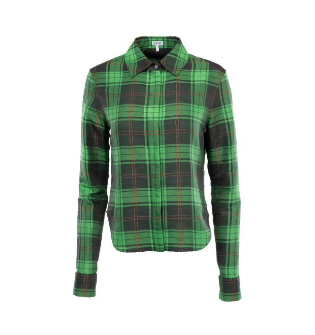 Image 1 of 3 - GREEN - LOEWE Check Shirt featuring regular fit, short length, classic collar, french cuffs, concealed button front fastening, curved hem and Anagram embroidery placed at the hem. Cotton/Silk. Made in Italy. 