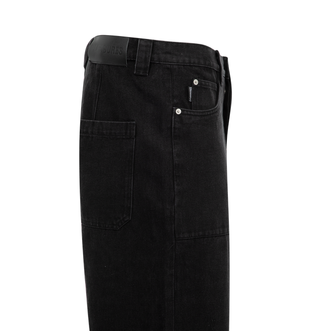 Image 3 of 3 - BLACK - Pleasures Grind Baggy Jeans feature a baggy fit with a zip fly and button closure, side pockets, a snap closure cargo pocket, rear patch pockets, and an embroidered logo.  