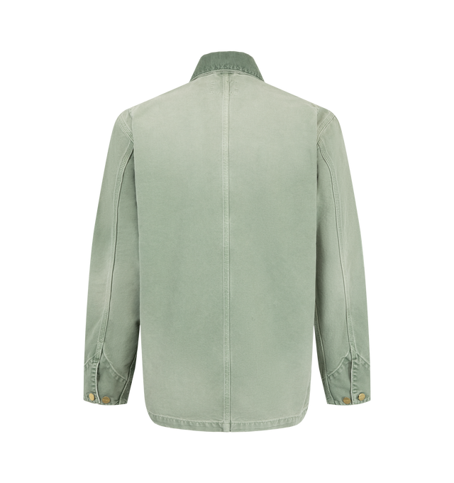 Image 2 of 2 - GREEN - Carhartt WIP Men's OG Chore Coat is crafted from heavyweight organic Dearborn canvas and features a diamond-quilted lining, corduroy collar, front button closure, and multiple utility-inspired patch pockets. Cut in the brand's original loose fit, this designer chore coat combines durable triple-stitch construction, reinforced stress points, and premium workwear detailing with everyday versatility. Main Material: 100% Organic Cotton Dearborn Canvas (12 oz). Lining: Diamond-Quilted. Fit 