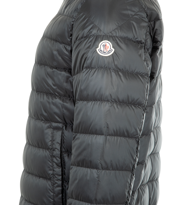 Image 3 of 3 - BLACK - MONCLER Rigel Short Down Jacket featuring micro ripstop lining, collar with tricolor trim, zipper and snap button closure, pockets with snap button closure, inside zipped pocket and ribbed cuffs and hem. 100% polyamide/nylon. Padding: 90% down, 10% feather 