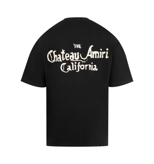 Image 2 of 2 - BLACK - AMIRI MA Chateau T-shirt featuring cotton jersey, short sleeves, rib-knit crewneck, logo graphic printed at chest and back, dropped shoulders and oversized fit. 100% cotton. Made in Italy. 