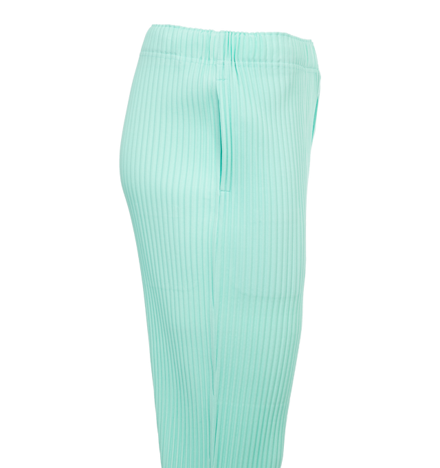 BLUE - ISSEY MIYAKE Pleats Pants featuring a slim tapered leg with creased center pleats, two side pockets and an elastic waistband. 100% polyester.