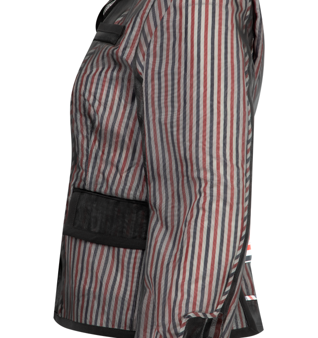 Image 3 of 3 - BLACK - THOM BROWNE Silk Organza Sportcoat featuring front button closure, 2 front flap pockets, single chest pocket, buttoned backstrap with signature striped grosgrain trim, visible tricolor stripe lining, interior pockets with name tag and signature striped grosgrain loop tab. 100% silk. 100% polyamide. Lining: 100% cupro. Made in Italy. 