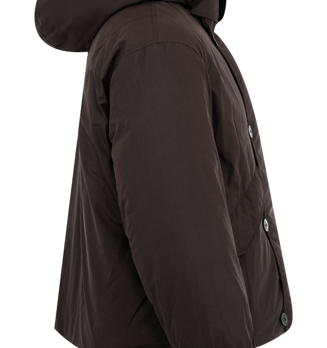 Image 3 of 3 - BROWN - Lemaire Hooded Puffer Blouson offers an adjustable and detachable hood, a double fastening system of buttons and elastic cords, and pockets with flaps. Cotton blend materials. Made in Tunisia.  