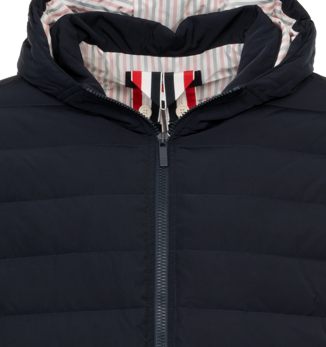 Image 4 of 4 - NAVY - THOM BROWNE Down Filled Ski Jacket has an attached hood, knit cuffs, side zip pockets, signature four bar stripes at sleeve, and ribbed cuffs. 100% polyester. Padding: 80% White Goose Down, 20% White Goose Feathers. 