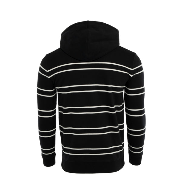 Image 3 of 4 - BLACK - SAINT LAURENT Striped Hoodie featuring embroidered logo at the chest, horizontal stripe pattern, drawstring hood, long sleeves, front pouch pocket and ribbed cuffs and hem. 100% cotton. 