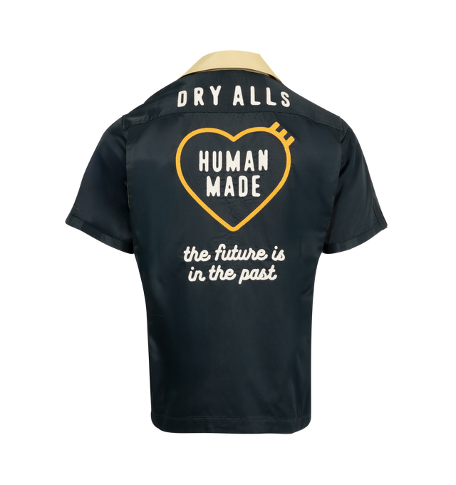 Image 2 of 2 - BLACK - HUMAN MADE Bowling Shirt featuring distinctive chain-stitched graphics, button front closure, contrast collar, chest pocket and short sleeves. 65% rayon, 35% cotton. 