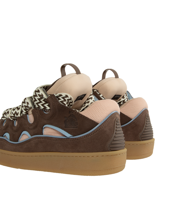Image 3 of 5 - BROWN - LANVIN Sneakers Skate featuring suede and mesh upper with crepe rubber sole, lace-up front, wide herringbone laces, curved metal eyelets, heavily padded tongue with ribbed pull-loop and embossed metal logo plaque and perforated toe with textured rubber trim. Made in Portugal. 