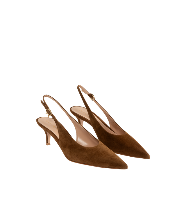 Image 2 of 4 - BROWN - Gianvito Rossi Robbie Slingback 55 crafted from supple suede featuring a pointed-toe and 55mm kitten heel. The back strap is completed with the metallic Ribbon buckle, signature of the Maison. Handmade in Italy. 100% SUEDE. 