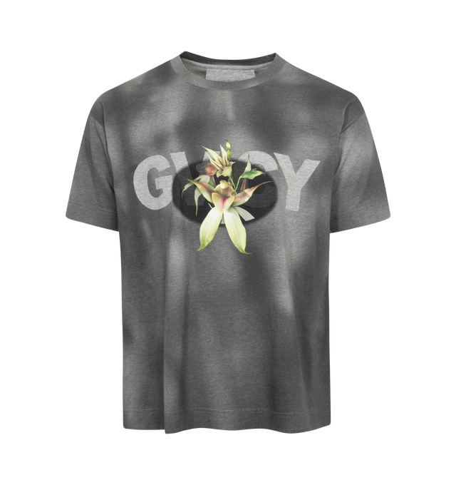 BLACK - GIVENCHY Boxy Short Sleeve Tee featuring crew neck, GVCY and flower print on the front, small 4G emblem printed on the back and boxy fit. 100% cotton.